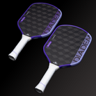 Two pickleball paddles with purple and white design on a black background