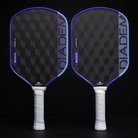 Two pickleball paddles with black and purple design on a black background